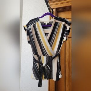 Monteau Black Yellow White Striped Short Sleeve Top Size L